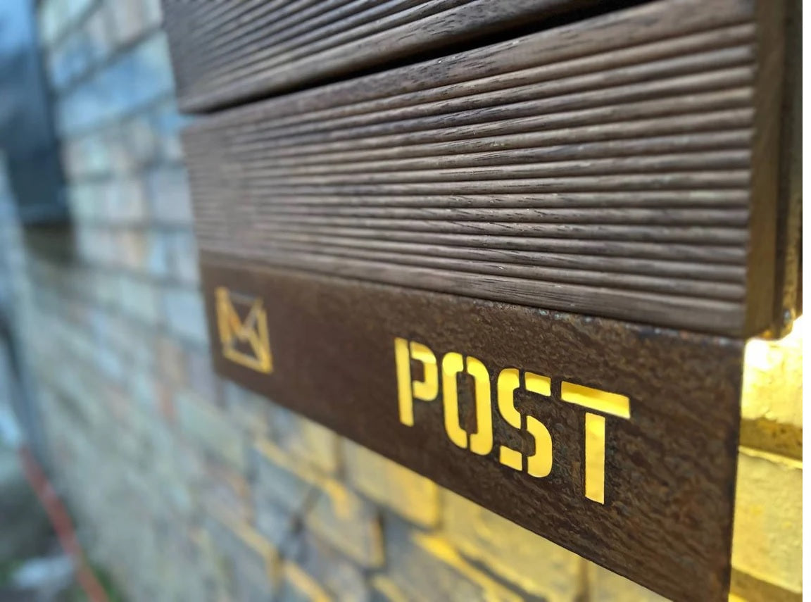 Corten / Weathering steel + Merbau wood Wall mount personalized LED mailbox